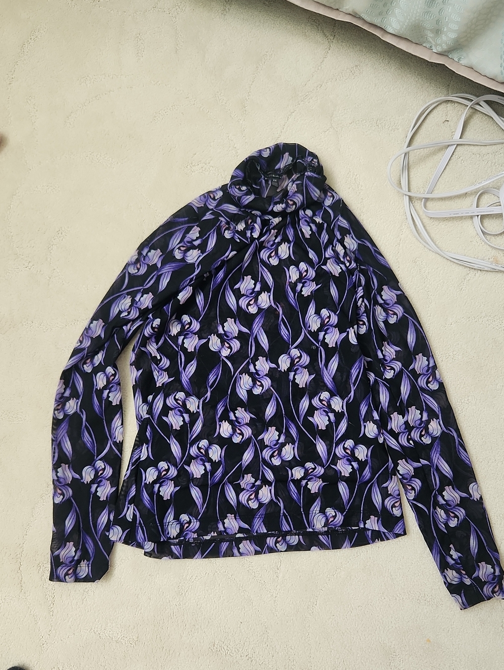White House Black Market Black Top with Purple Floral Print